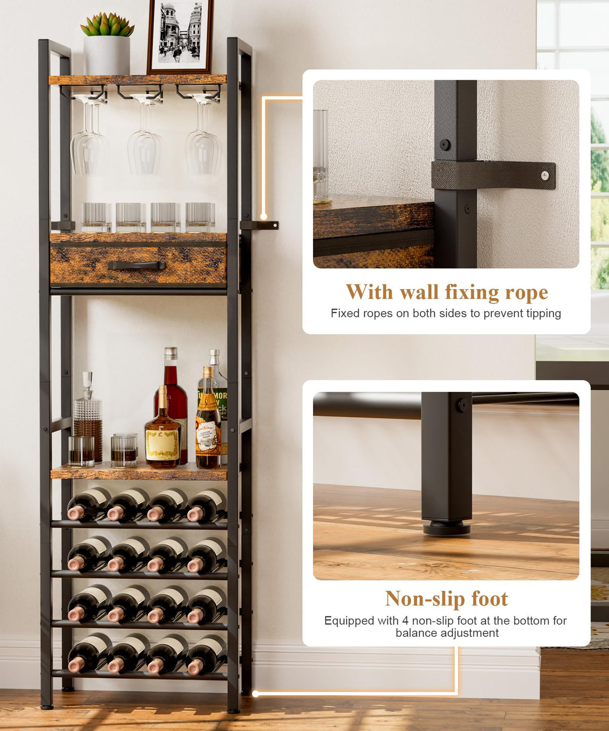 Vilaxing Wine Rack Freestanding Floor, Liquor Bar Cabinet with Storage Drawer, 4-Tier Bottle and 3-Row Glass Holder with Tabletop for Home Kitchen Living Room Vilaxing