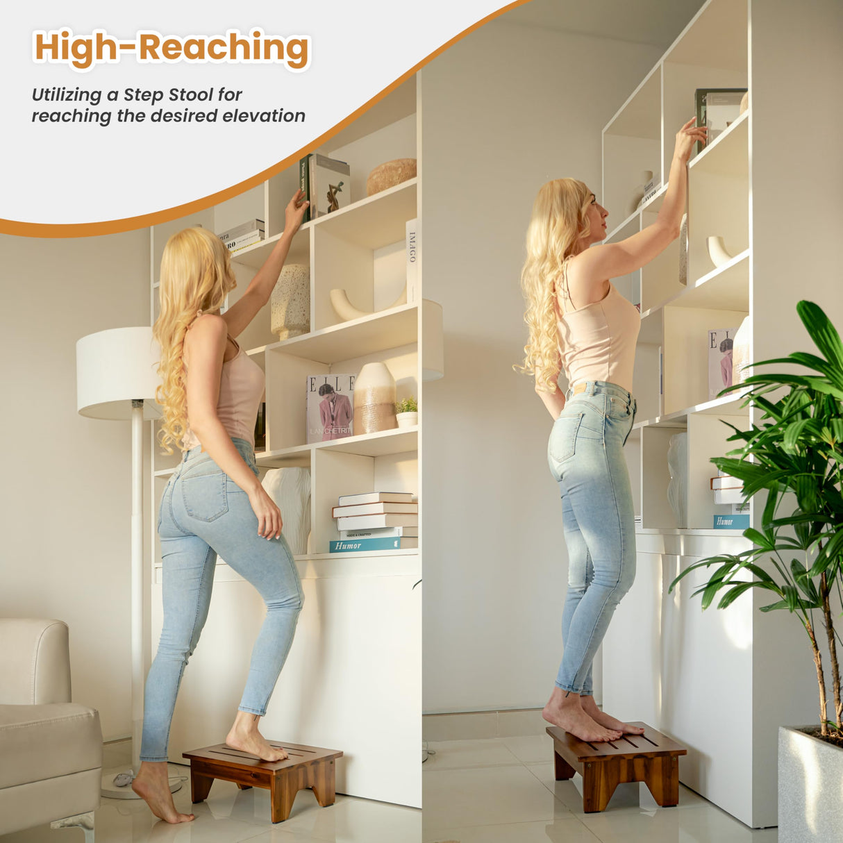 Holana 6" Acacia Wood One Step Stool for Adults - 300 Lbs Wooden Step Stools Heavy Duty for High Bed Riser, Bathroom, Bedroom - Small Stepping Stool for Elderly, Seniors, Kids, Handicap Use Indoor HOLANA