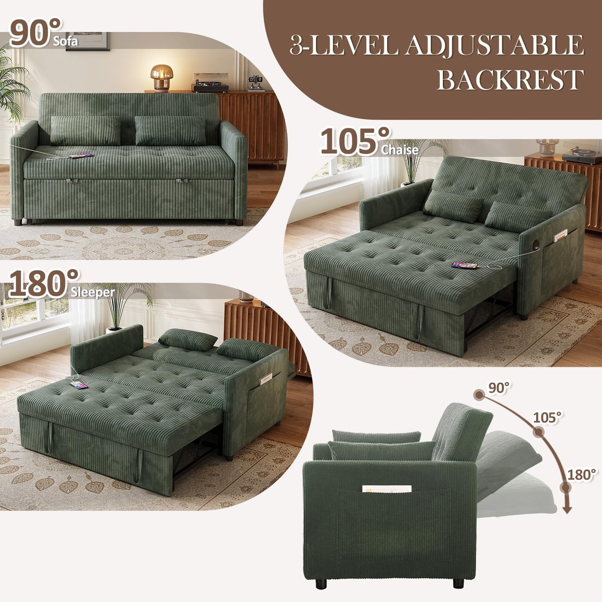 UXENAFANA Sofa Bed, Loveseat 3-in-1 Sleeper Sofa with Pull Out Bed, Pockets and USB, Modern 2 Seater Convertible Small Couch for Living Room Bedroom Apartment (Green, Corduroy) UXENAFANA