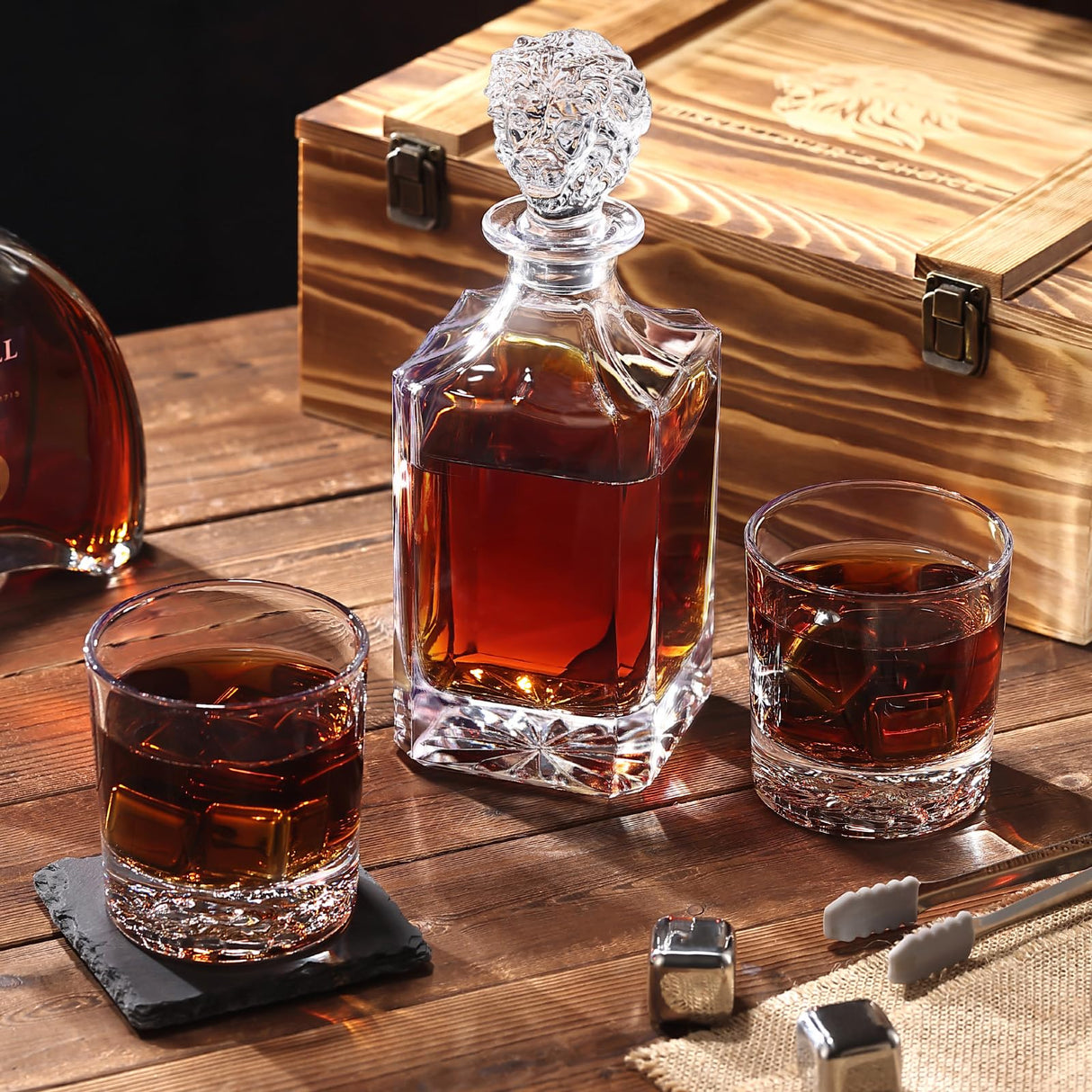 LUSKEYCOR Whiskey Decanter Set with Wooden Crate, Lion Whiskey Decanter 25.4 oz and 2 Glasses 10 oz with 304 Stainless Steel Whiskey Stones, Slate Coasters, Tongs, Gift for Men husband Dad Wedding Luskeycor