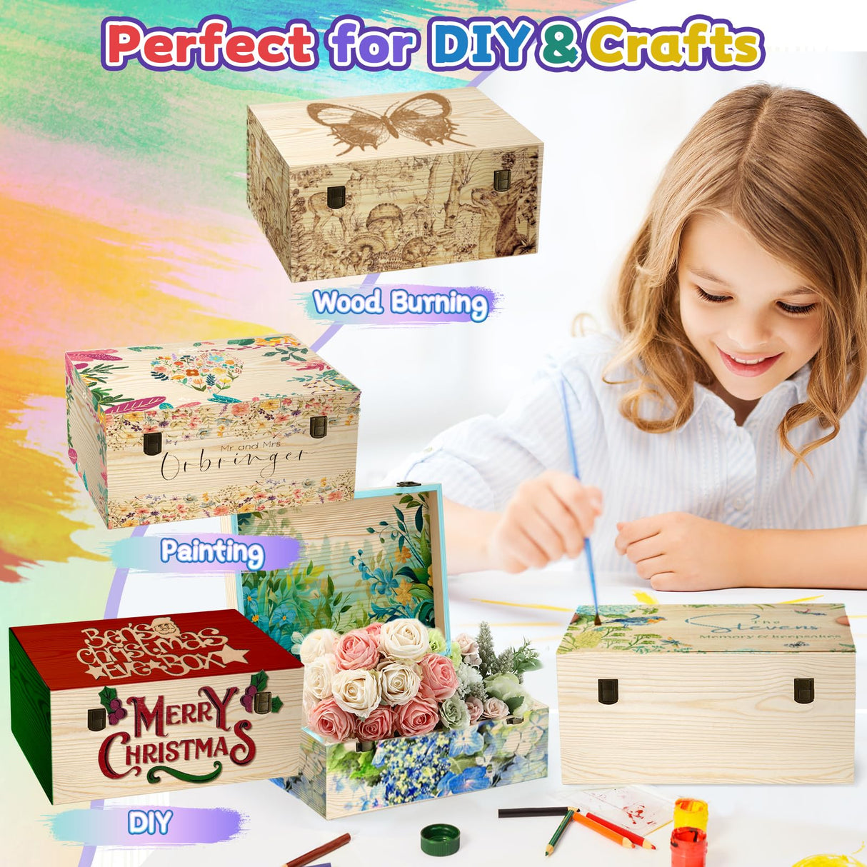 Large Unfinished Wooden Boxes Set of 2 Sizes Wood Box with Hinged Lid – Large Wooden Boxes– Keepsake Memory Boxs- for DIY Crafts, Gifts, Jewelry,Wedding and Storage – Handcrafted Box HIPNOOK