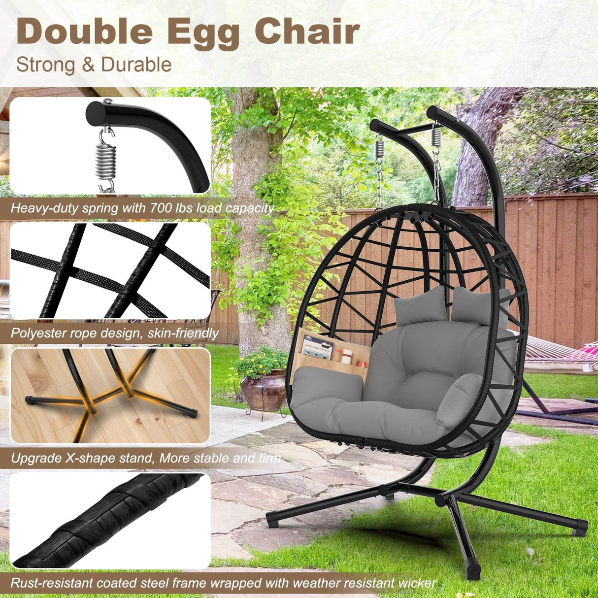 ZENPETIO Double Egg Chair with Stand, 2 Person Swing Egg Chair, Rattan Wicker Swing Chair with UV Resistant Cushion and Pillow, for Indoor Outdoor Bedroom Patio Hanging Basket Chair, Black ZENPETIO