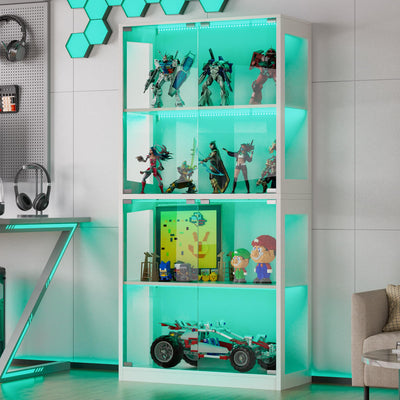 Grepatio Display Cabinet with Glass Doors, 4-Tier Curio Display Case, Collectibles Display Shelf with 12 Color Lights, Toy Bookshelf and Bookcase Cabinet for Collectible Playroom (White)