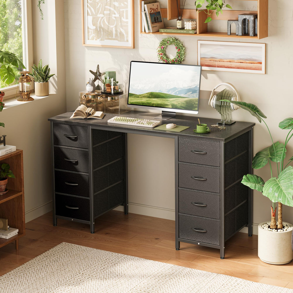 Huuger 47 Inch Computer Desk with 8 Drawers, Office Desk Work Desk for Home Office, Study, Gaming Desk with Fabric Drawers, Large Storage, Black Huuger