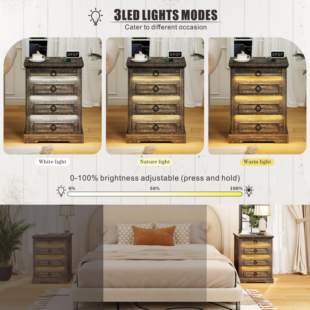 FREDEES Farmhouse Night Stand with Gun Drawer, Bedside Table with Charging Station, LED Nightstand with Human Sensor Light, Smart End Table for Bedroom Living Room, Rustic FREDEES