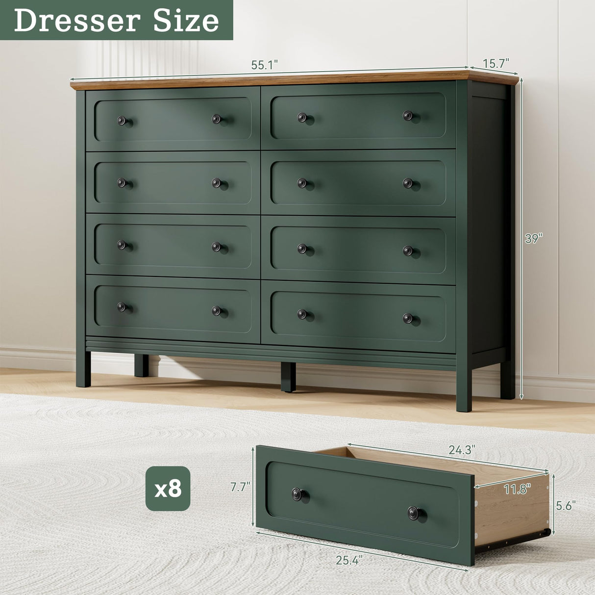 Tradare Green Dresser for Bedroom, 8 Drawer Dresser with Metal Handles, 55" Wide Modern Dressers & Chest of Drawers for Living Room, Hallway, Entryway Tradare