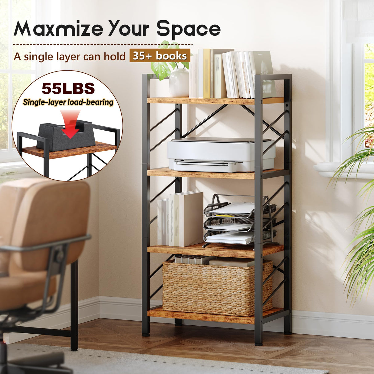 DurayLoly 4 Tier Bookshelf, Industrial Bookcase with Metal Frame and Sidebars, Small Bookshelf for Bedroom, Home Office and Living Room, Rustic Brown DurayLoly