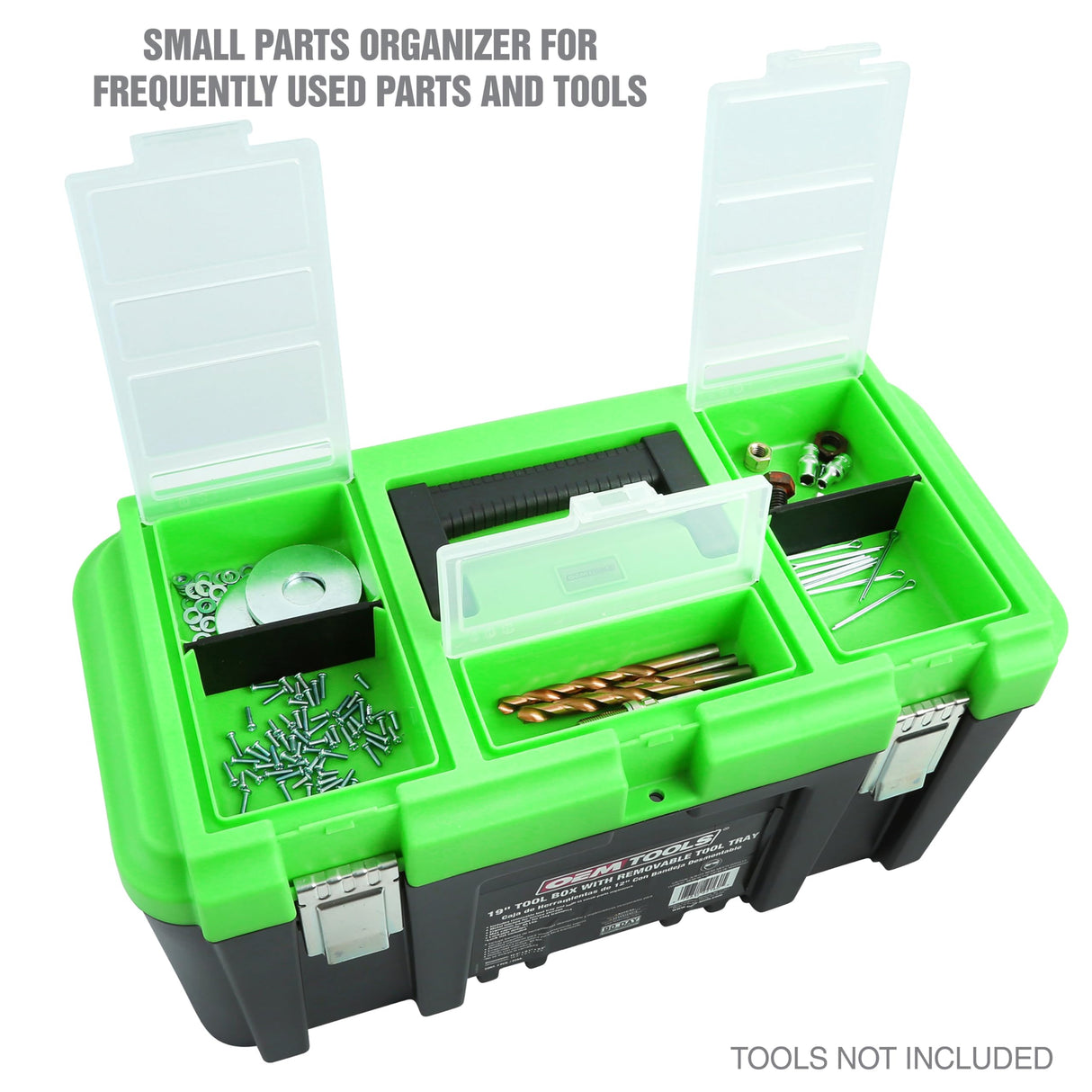 OEMTOOLS 22160 19" Toolbox with Removable Tray, Large Plastic Tool Box With Handle, Multiple Compartment Storage Case With Security Slot for Padlocks, 40 Lbs Maximum Weight OEMTOOLS