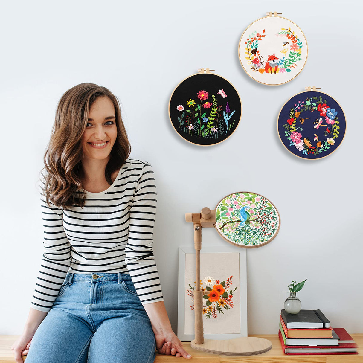 ZOCONE Beech Wood Adjustable Rotated Embroidery Hoop Stand with 2 Pcs 6'' 8'' Embroidery Hoops, Wooden Embroidery Stand, Embroidery Hoop Holder for Cross Stitch and Embroidery Project (A) ZOCONE