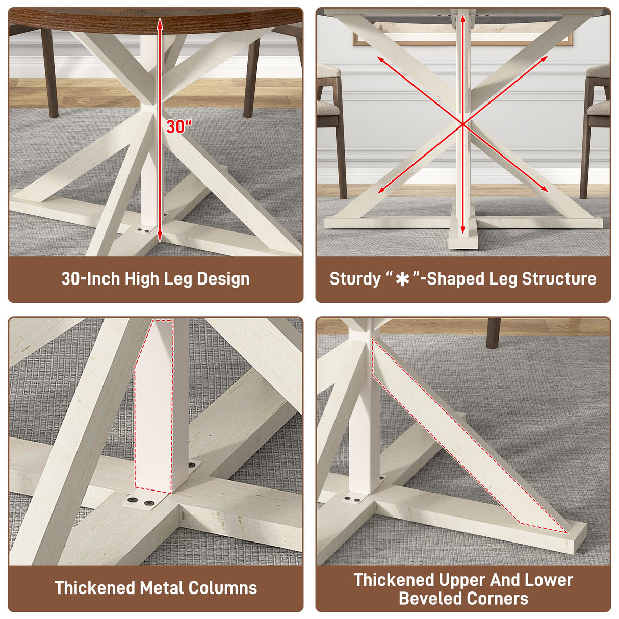 Round Wood Dining Table for Kitchen,Dining Room,Living Room,Farmhouse Dinner Tables W/Thickened Brown Waterproof Tabletop for 4 People,47 inch Rustic Kitchen Table W/Metal Support jiteentarou