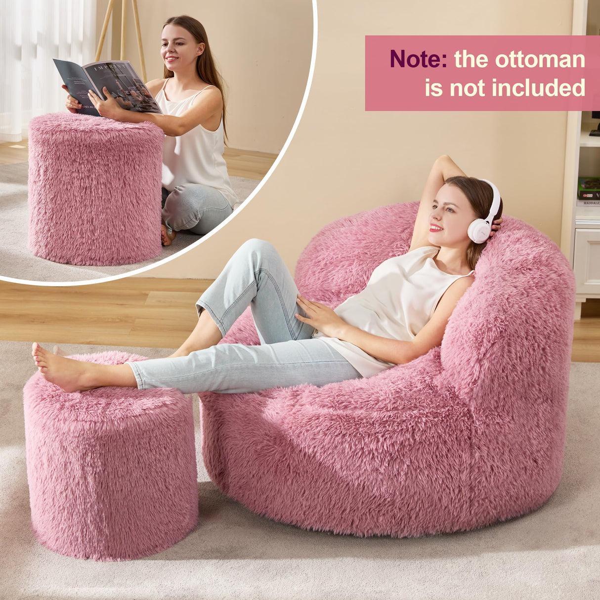 Hobestluk Bean Bag Chair Big Bean Bag Chairs for Adults Giant Adult Bean Bag Chair with Foam Filler Large Beanbags with Stuffed Back Lazy Sofa, Pink -Standard Hobestluk