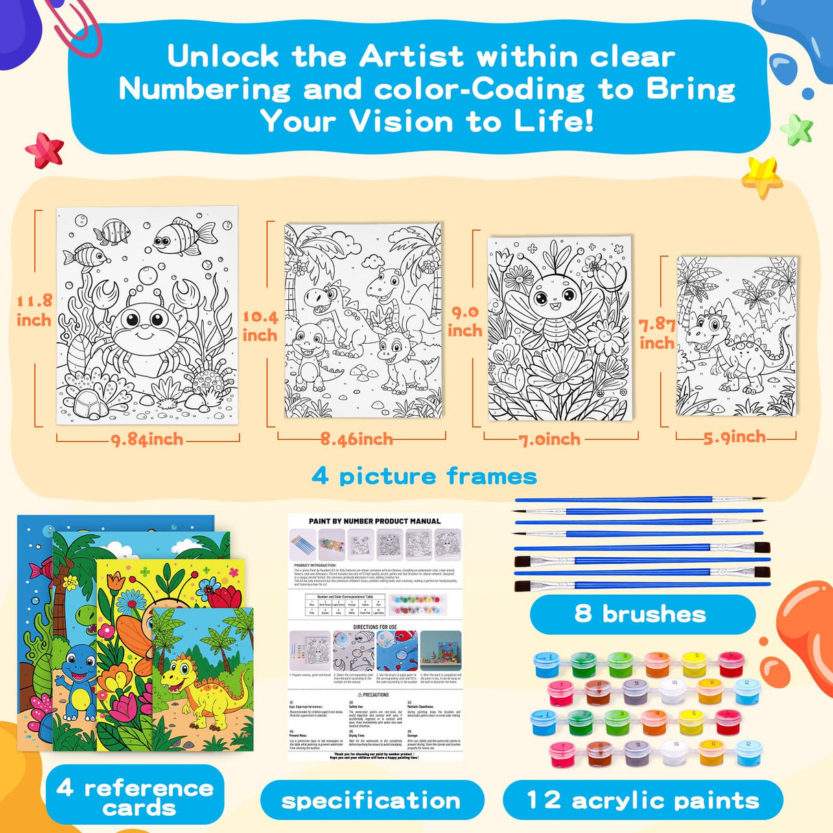 4 Pack Paint by Numbers for Kids Ages 6-8 8-12, Pre-Drawn Canvas Painting Kit with 12 Acrylic Paints & 8 Brushes, DIY Canvas Art Kits for Kids Painting Activities, Classroom Crafts, Wall Decor MGparty