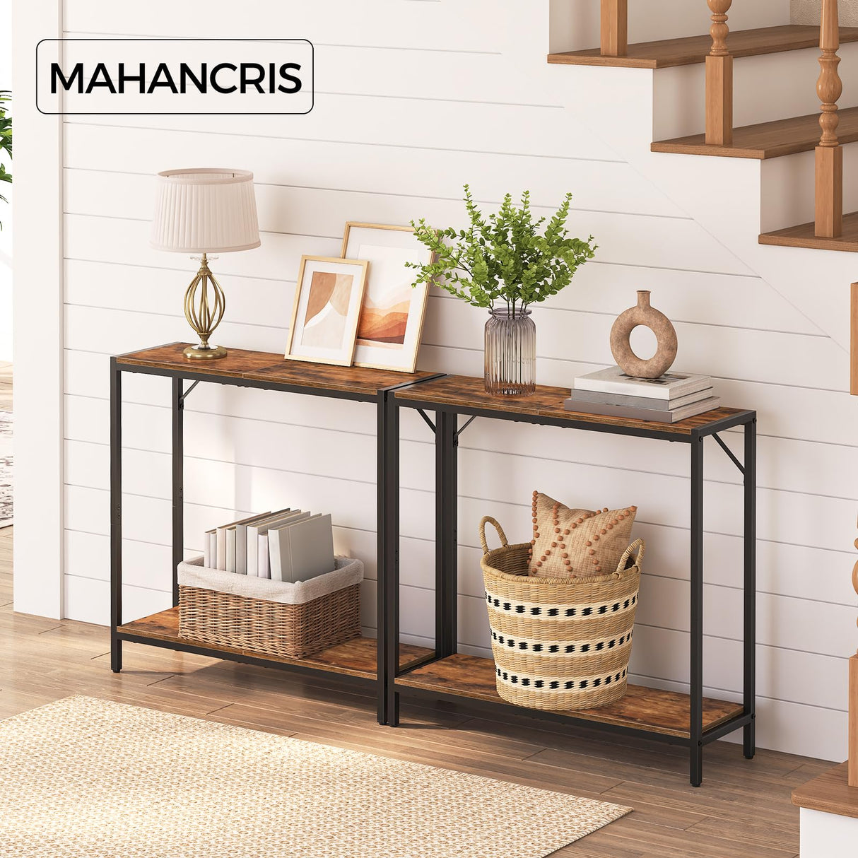 MAHANCRIS Console Table, 2-Tier Entrance Table, Behind Sofa Table, Industrial Style, Sturdy and Stable, for Living Room, Entryway, Foyer, Corridor, Office, Rustic Brown and Black CTHR27601 MAHANCRIS
