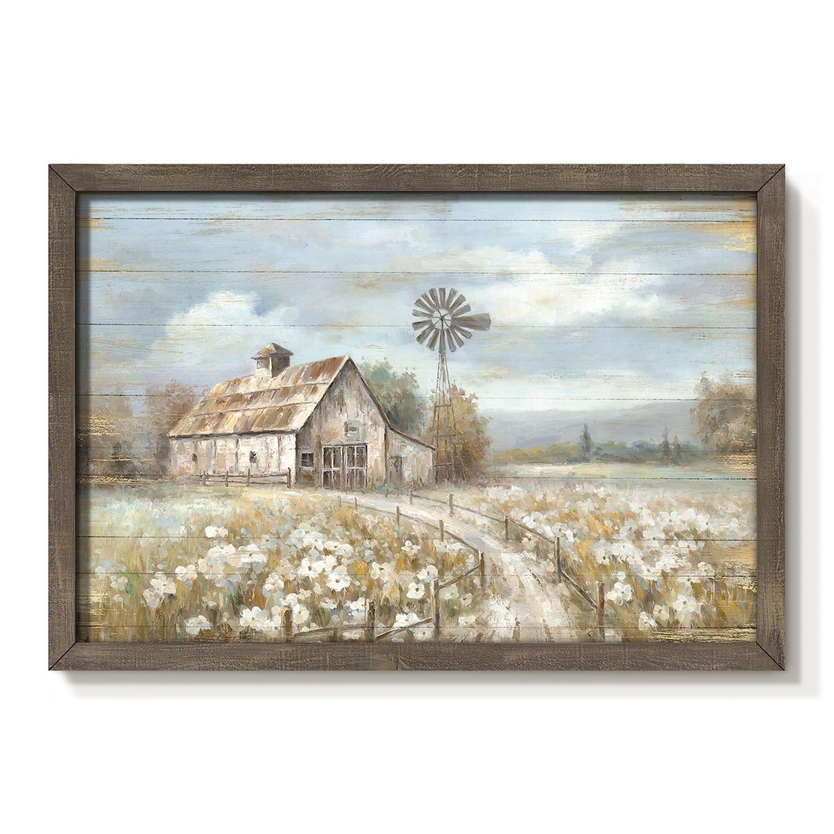 Barn Framed Wall Art Decor: Rustic Farmhouse Wooden Picture Country Windmill Meadow Landscape Painting Blue Sky and Wild Flowers Prints Artwork for Bedroom Kitchen 16'' x 11' cozy country