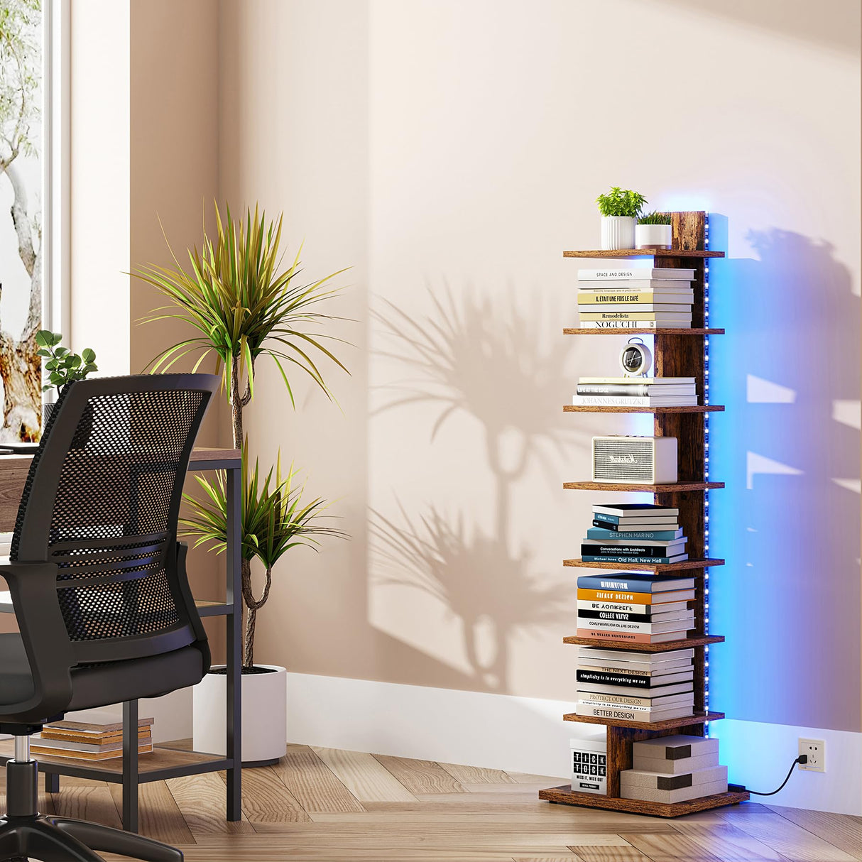TUTOTAK Narrow Bookshelf, 8-Tier Bookcase with LED Lights, Spine Book Shelf for Small Space, Corner Standing Shelf for Living Room, Office, Study, Entryway, Rustic Brown BS06BB008L TUTOTAK