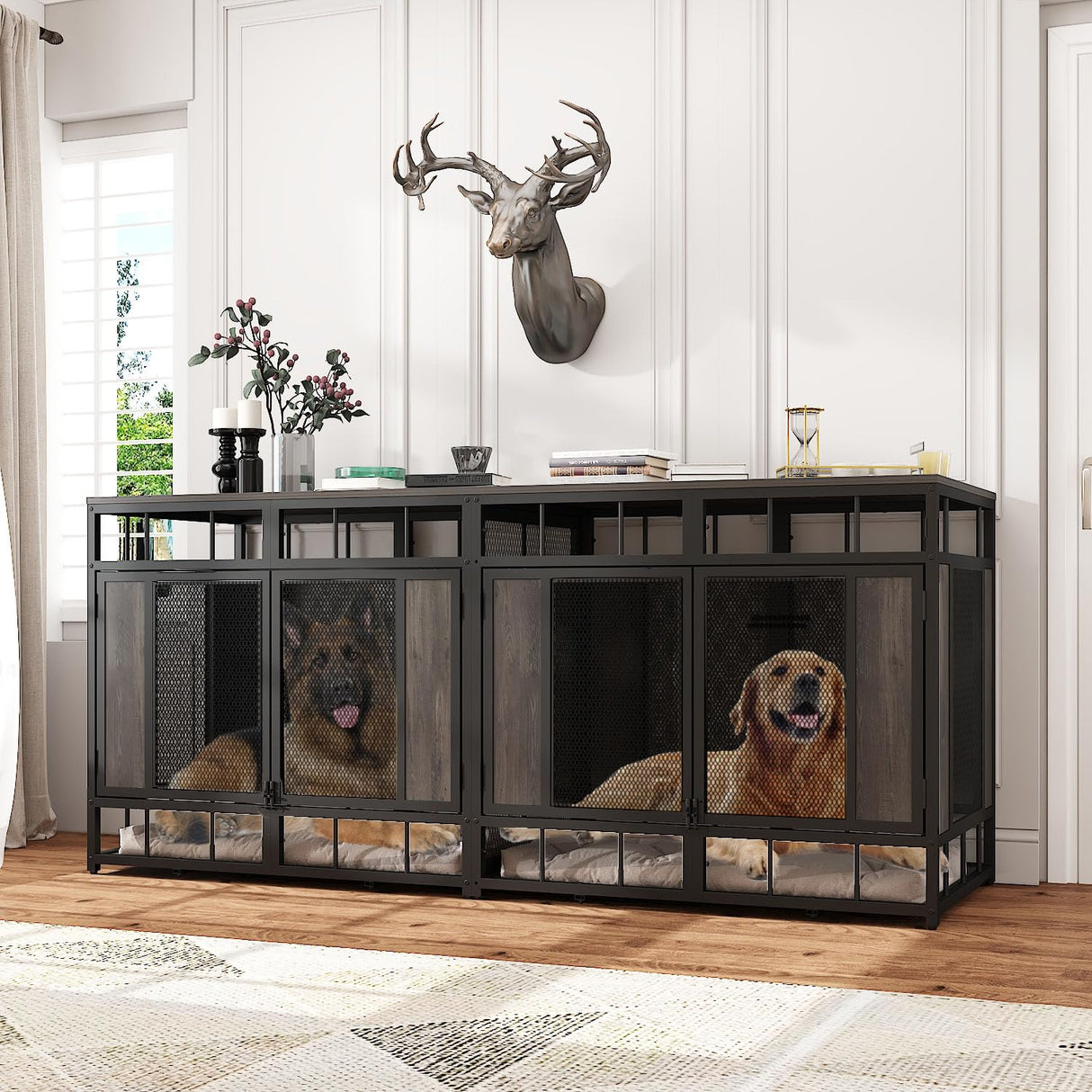 PIAOMTIEE 70.9" Large Double Dog Crate Furniture, Heavy Duty Wooden Iron Crate Kennel Furniture with Removable Divider for Small Medium Large Dogs, Rustic Brown+Black PIAOMTIEE