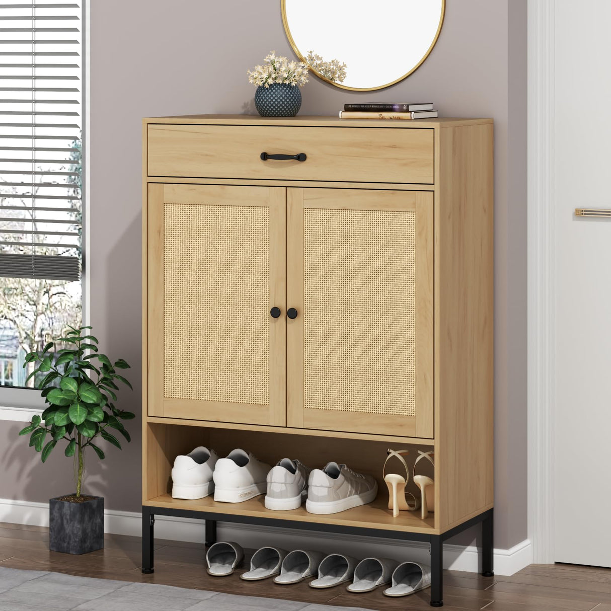 Loomie Rattan 5-Tier Shoe Storage Cabinet with Doors, Drawer & Cubby, 44.3" Boho Shoe Organizer for Entryway Hallway Closet (Natural) Loomie