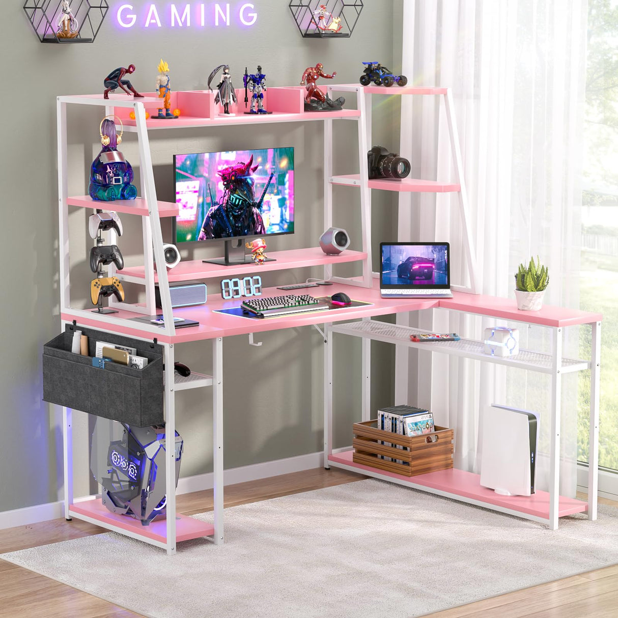 L Shaped Gaming Desk - Pink Gaming Desk with Hutch & Shelves, 47'' Gaming Computer Desk with LED Lights & Charging, Reversible PC Gaming Desk L Shape with Storage, L Desk for Gaming with Monitor Stand armocity