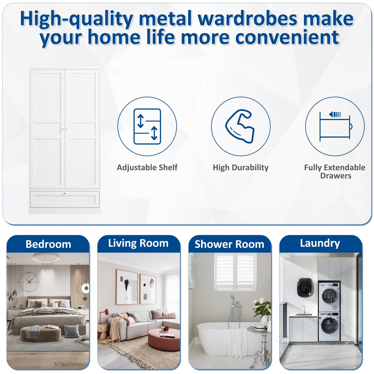 BYNSOE Metal Armoire Wardrobe Closet with 2 Doors 72'' Wardrobe Cabinet with Drawers and Hanging Rail Metal Closet with Adjustable Shelves for Bedroom. (White, with 1drawer) BYNSOE