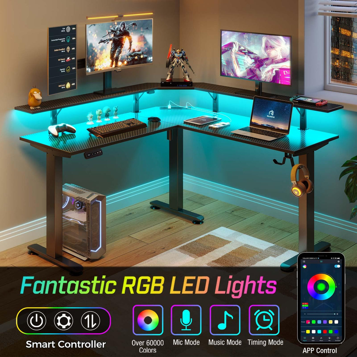 Rolanstar Standing Desk L Shaped with LED Light and Power Outlet, Electric Height Adjustable Desk with Monitor Stand, Carbon Fiber Rolanstar