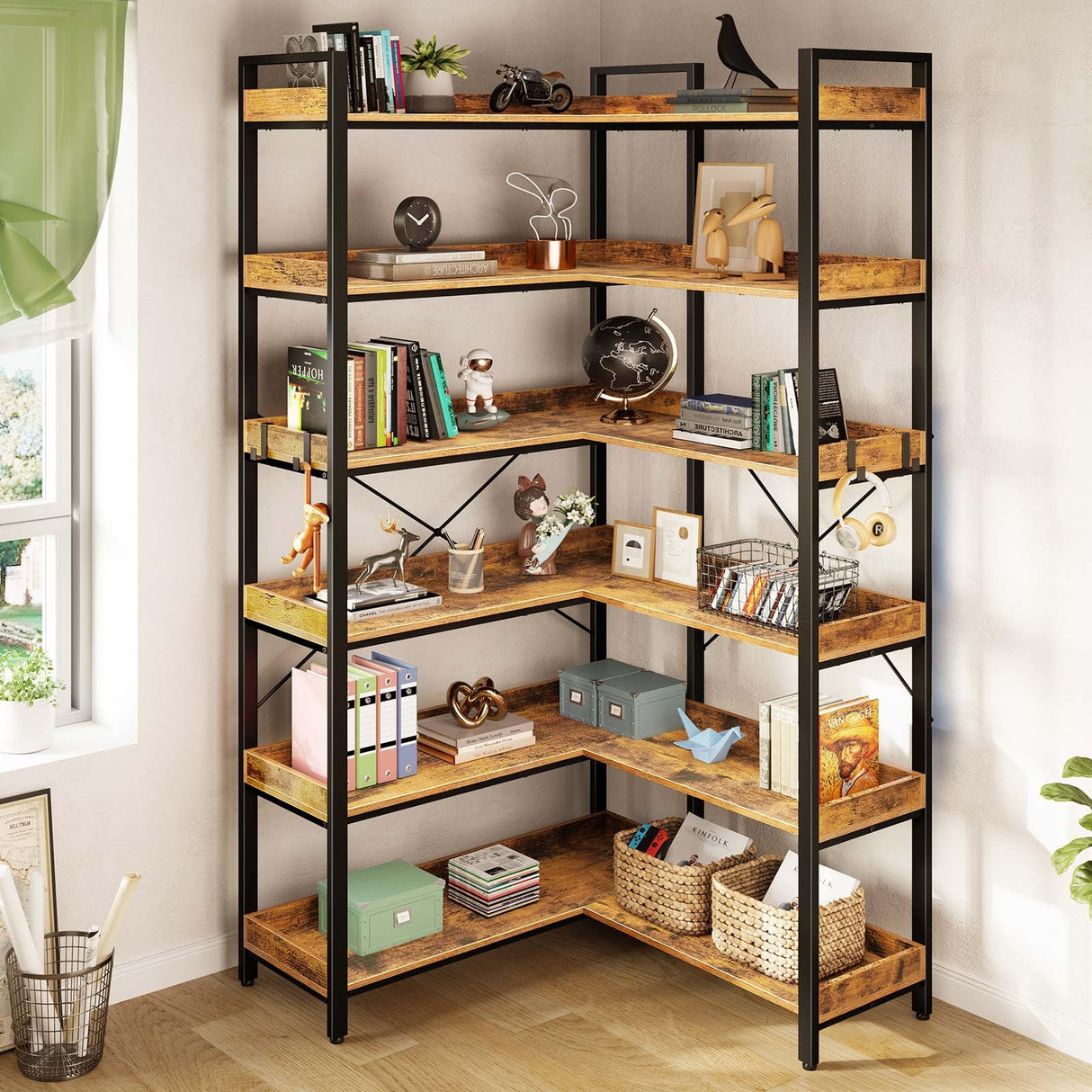 Rolanstar Bookshelf 6 Tier with 4 Hooks, Reversible Corner Bookshelf, 69" Industrial Wooden Bookcase with Open Shelves and Metal Frame for Living Room, Bedroom, Home Office, Rustic Brown Rolanstar