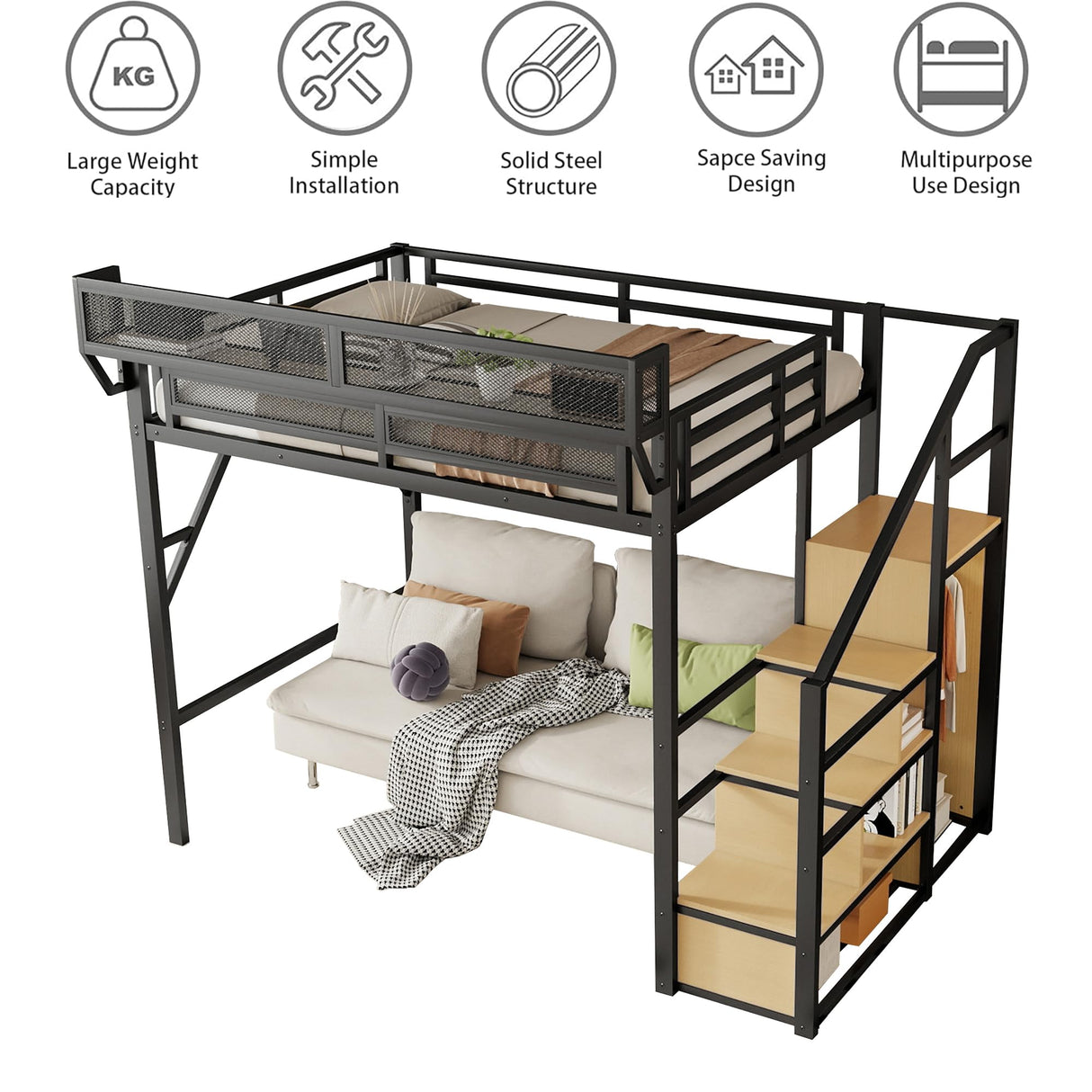 Mirightone Full Size Loft Bed with Stairs, Metal Loft Beds, High Loft Bed Frame with Storage Shelves, Lofted Full Bed with Wardrobe for Kids and Teens, No Box Spring Needed (Black+Natural) Mirightone
