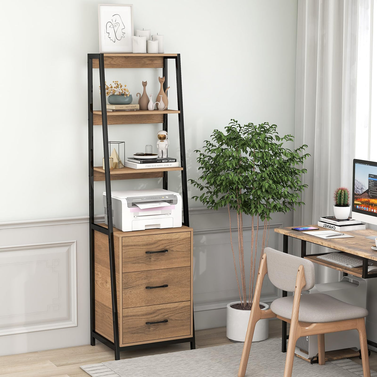 Giantex Ladder Bookshelf with Drawers, 69" Tall Wooden Bookcase with 4 Shelves, Modern Book Shelf Storage Organizer Unit, Freestanding Display Shelving Rack for Living Room, Bedroom (Brown) Giantex