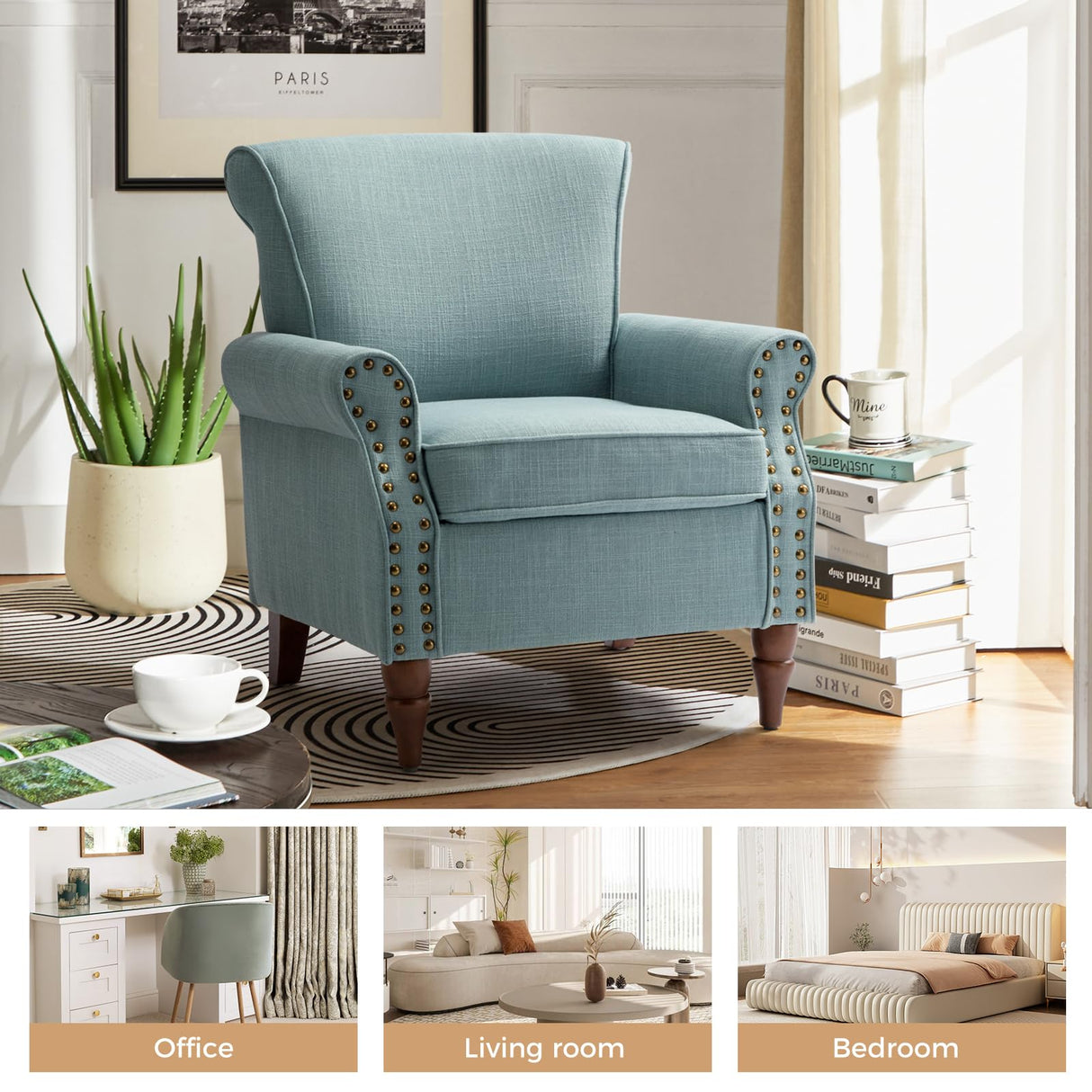 HULALA HOME Accent Chair with Wood Legs & Removable Cushion, Modern Wingback Armchair with Nailhead Trim, Comfy Upholstered Lounge Chair, Single Sofa Chairs for Living Room Bedroom, Blue HULALA HOME