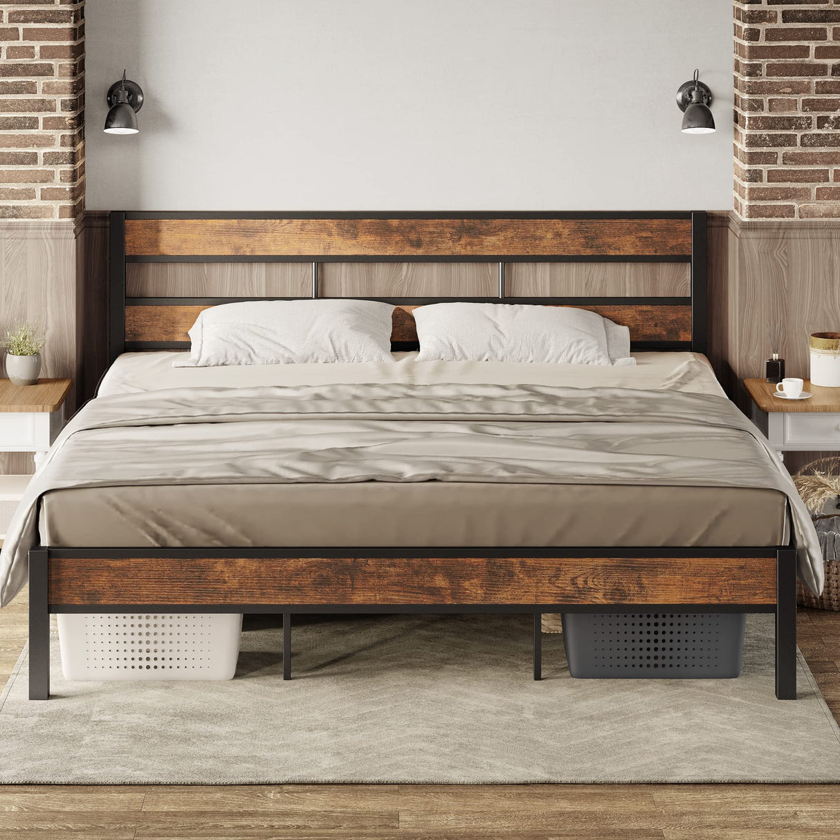 LIKIMIO King Bed Frame and Headboard, Easy Assembly, Noise-Free, No Box Spring Needed, Heavy Strong Metal Support Frames, Vintage Brown LIKIMIO