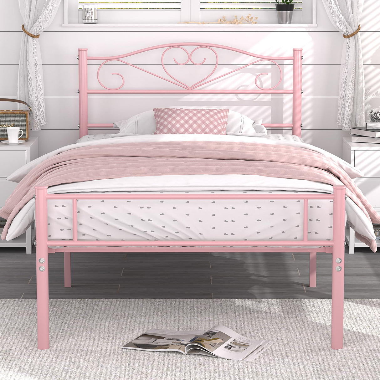VECELO 14 Inch Twin Size Metal Platform Bed Frame with Headboard and Footboard, Heavy Duty Mattress Foundation with Steel Slats Support, No Box Spring Needed, Pink VECELO
