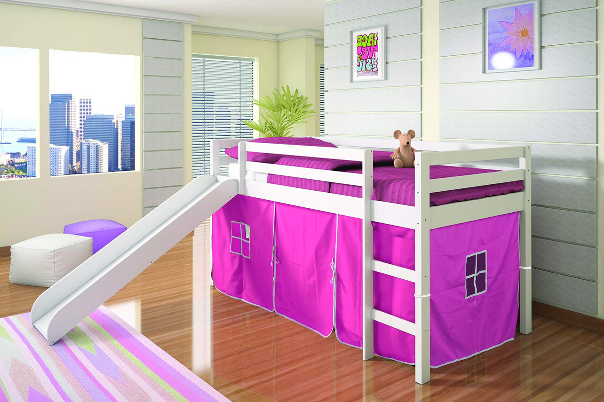 Donco Kids Low Loft Bed with Slide and Pink Tent, Twin, White Donco Kids