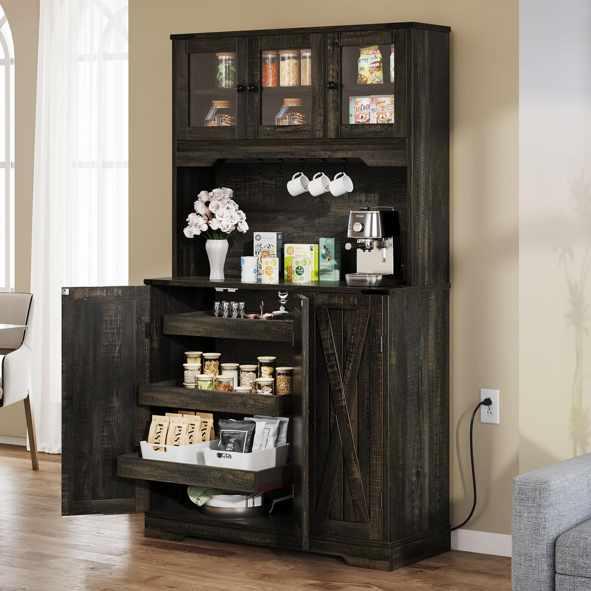 DWVO 71" Tall Kitchen Pantry Storage Cabinet with Charging Station, Kitchen Hutch Cabinet with Storage Drawers, Farmhouse Freestanding Cupboard Cabinet for Dining Room,Dark Rustic Oak DWVO