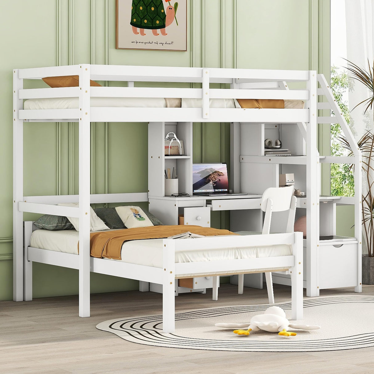 Harper & Bright Designs Twin Loft Bed with Stairs, Desk, Shelves, and Storage Drawers in White Harper & Bright Designs