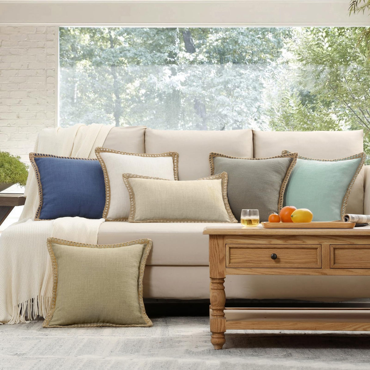 Phantoscope Pack of 2 Farmhouse Modern Spring Decorative Throw Pillow Covers Burlap Linen Trimmed Outdoor Pillows Tailored Edges Off White 18 x 18 inches, 45 x 45 cm Phantoscope