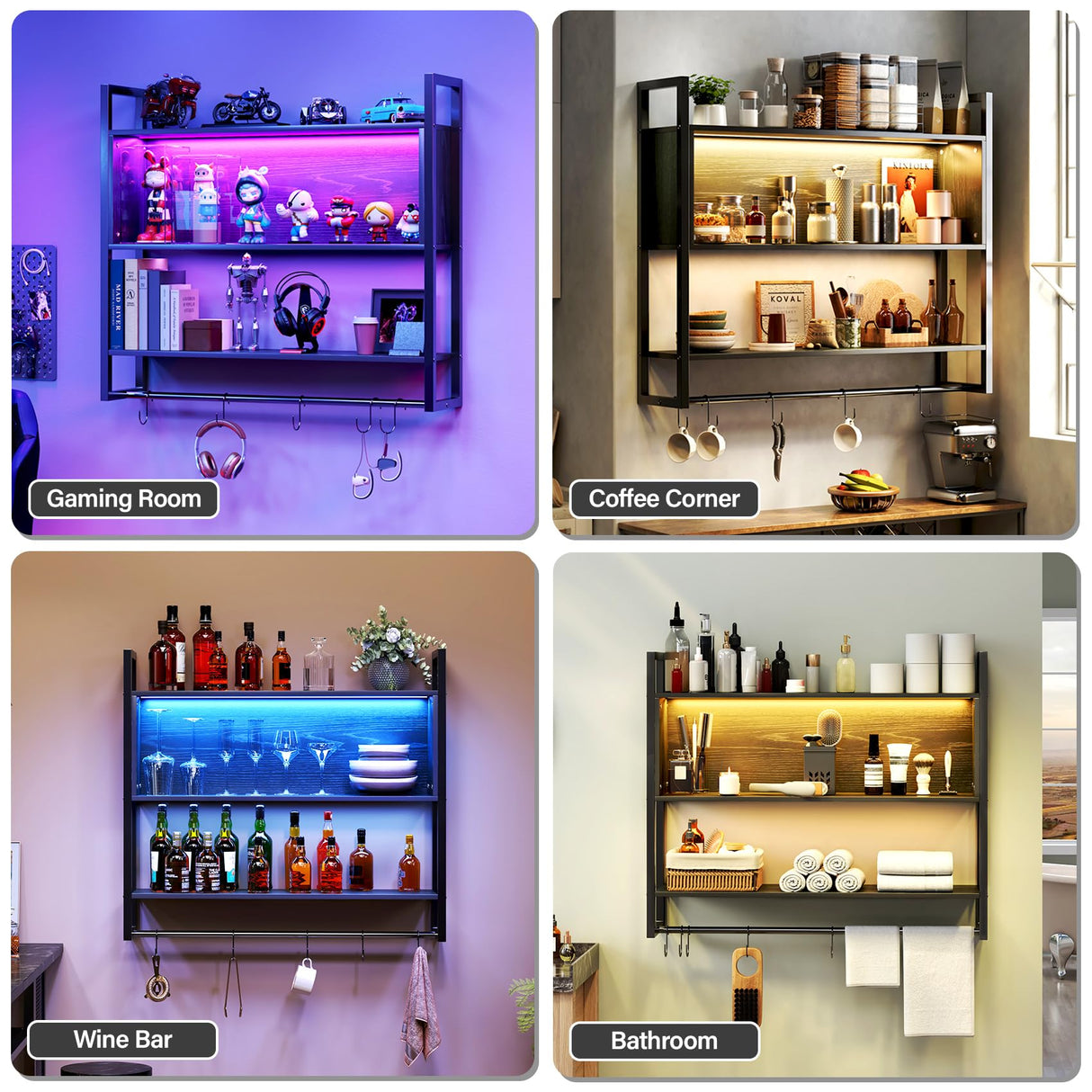 TC-HOMENY Gaming Floating Shelves LED, 36''Shelf Wall Mounted Shelve with Adjustable Shelf, Gaming Shelve for Wall, Pipe Shelves Hanging Display Rack Bookshelf with S-Hook, Wine Coffee Bar Black TC-HOMENY