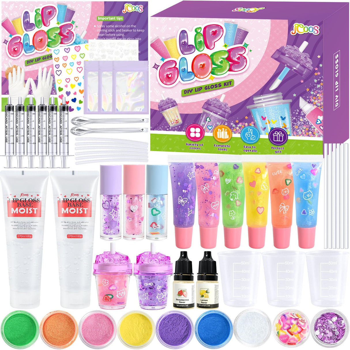 Jcoos DIY Lip Gloss Making Kit, 55PCS Lip Gloss Kit to Make Your Own Lip Gloss, Miost lipgloss base, Lip Gloss Tubes, Lipgloss Sets for Girls, Kids, Beginner Tweens Girls Trendy Stuff Gift for Her Jcoos
