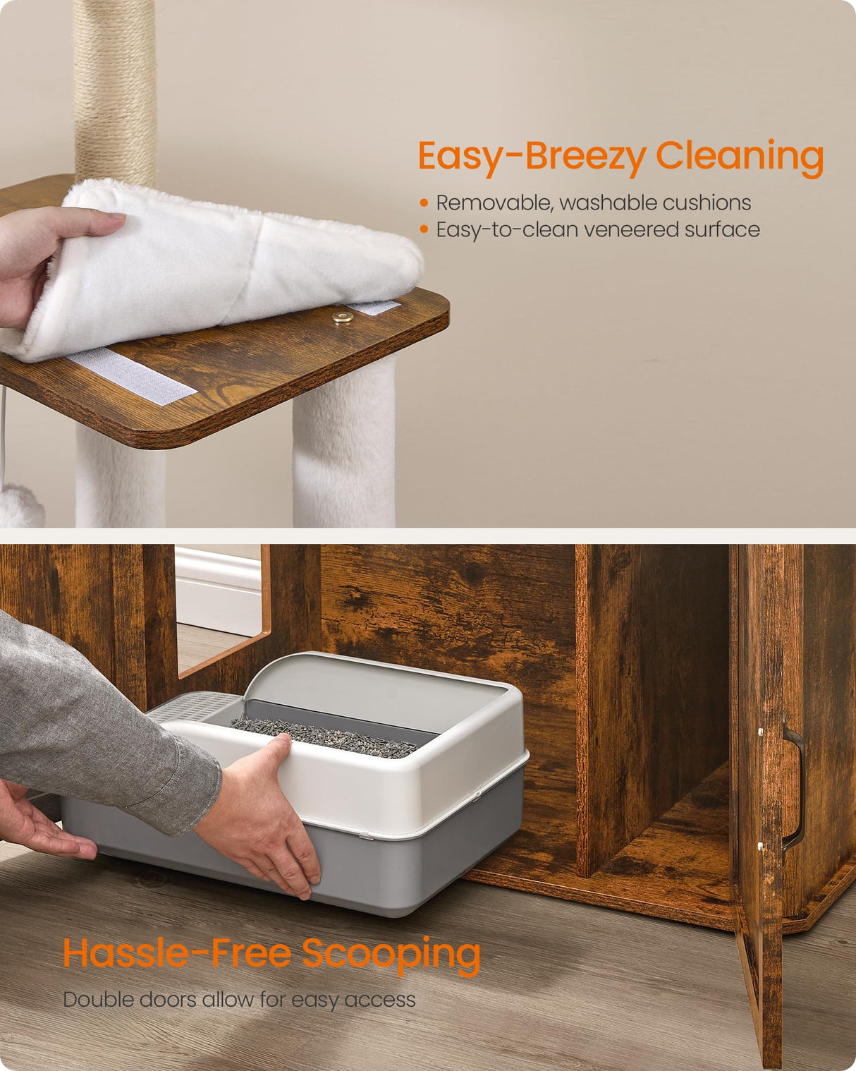 Feandrea Cat Tree, 66.9-Inch Cat Tower with Litter Box Enclosure, Large Cat Condo with Food Station, Storage, Scratching Posts, Cat Cave, Hammock, Washable Cushions, Rustic Brown UPCT169K01 Feandrea