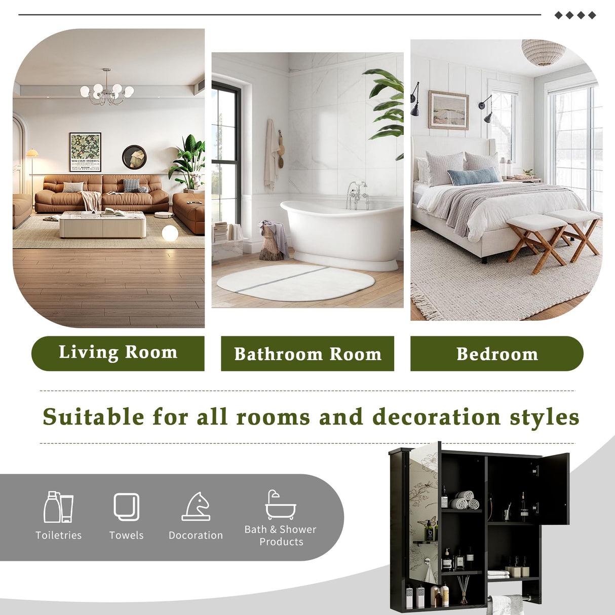 Virubi Modern Bathroom Medicine Cabinet, Bathroom Wall Storage Cabinet with Mirror, Over The Toilet Space Saver Cabinet with Towels Bar (Black) Virubi