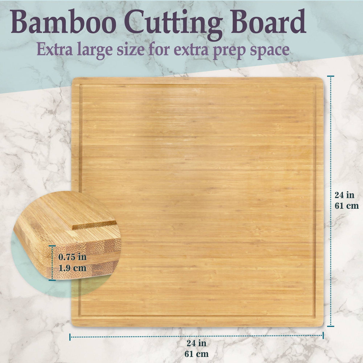 BambooMN Bamboo Burner Cover Cutting Board - 3 Ply - Extra Large Square - Grooved/Flat (24" x 24" x 0.75") - 1 Piece BambooMN