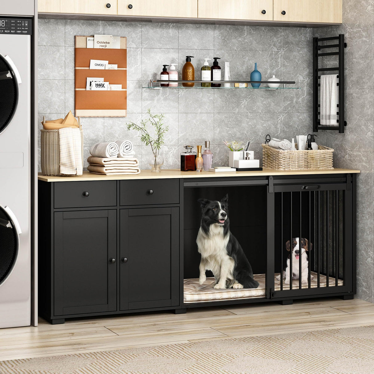 DAWNSPACES Large Dog Crate Funiture with Drawers, 78.7" Luxury Wooden Heavy Duty Dog Kennel Table Furniture with Sliding Door, Indoor Dog House TV Stand for Large Medium Breed Dogs, Black DAWNSPACES