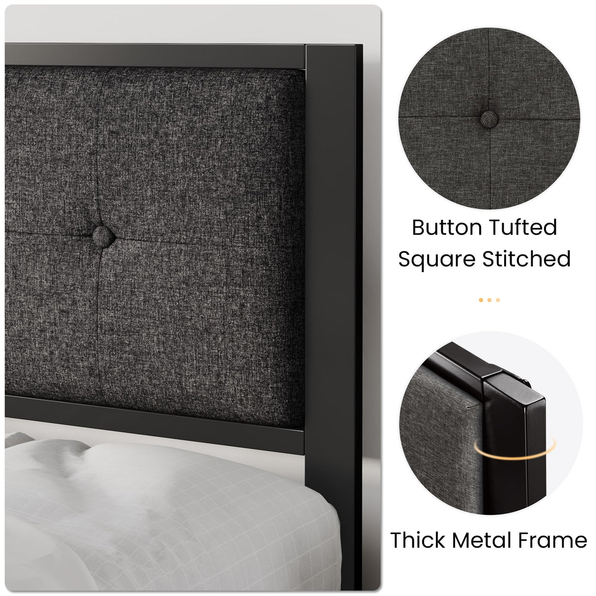 SHA CERLIN Twin Size Platform Bed Frame with Upholstered Headboard, Metal Slats Support, Button Tufted Square Stitched Headboard, Noise Free, No Box Spring Needed, Easy Assembly, Dark Grey SHA CERLIN