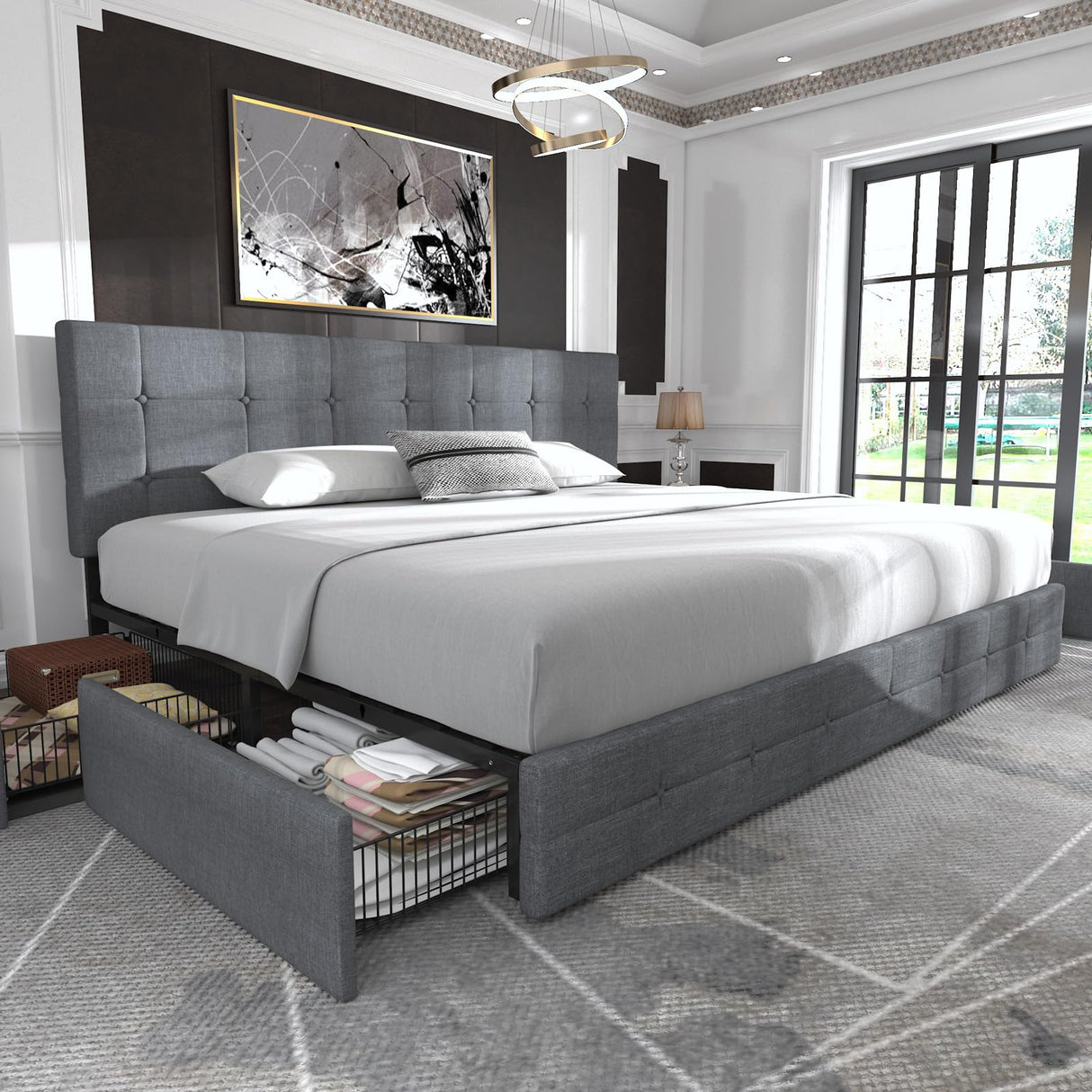 Allewie Upholstered King Size Platform Bed Frame with 4 Storage Drawers and Headboard, Square Stitched Button Tufted, Mattress Foundation with Wooden Slats Support, No Box Spring Needed, Light Grey Allewie