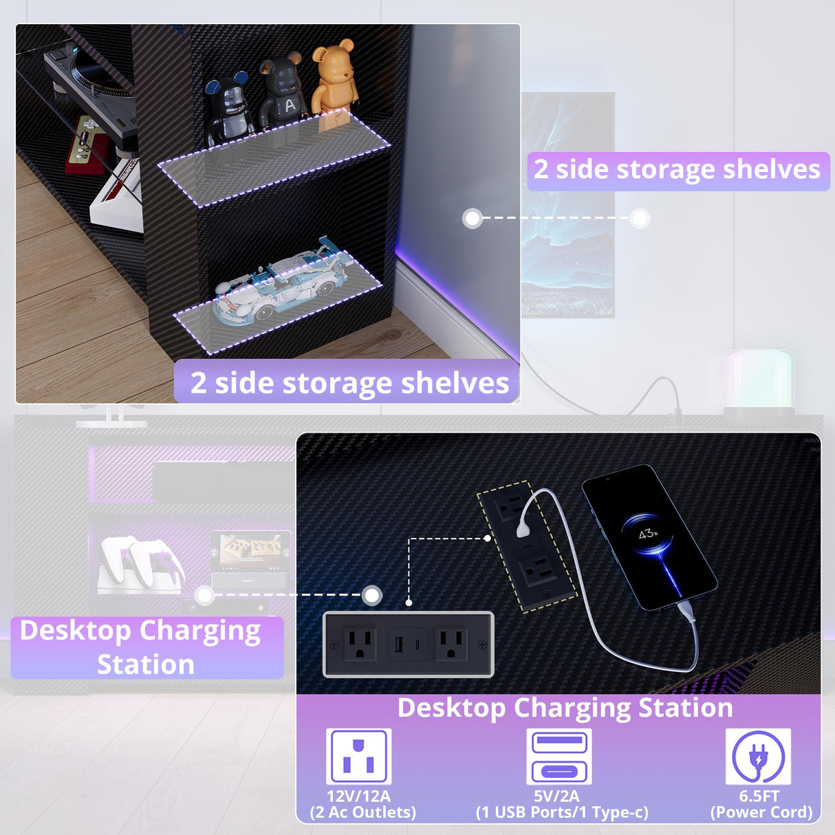 IRONCK Entertainment Center with Storage, 55 Inch Tall TV Stand with Power Outlet, LED Gaming TV Cabinet for PS4, Black TV Stand with Carbon Fiber IRONCK