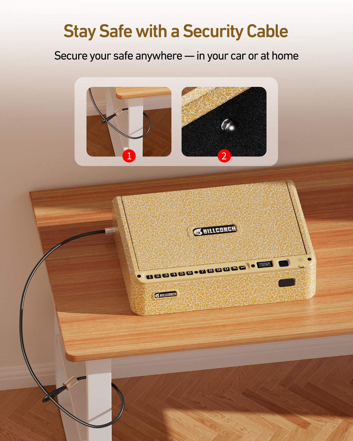 BILLCONCH Smart Gun Safe with Security Cable - Biometric Gun Safe for Handgun 4 Ways Quick Access with Fingerprint/Keypad/Key/APP Lock for Bedside Home Car with LCD/Voice Guide - Limited Gold BILLCONCH