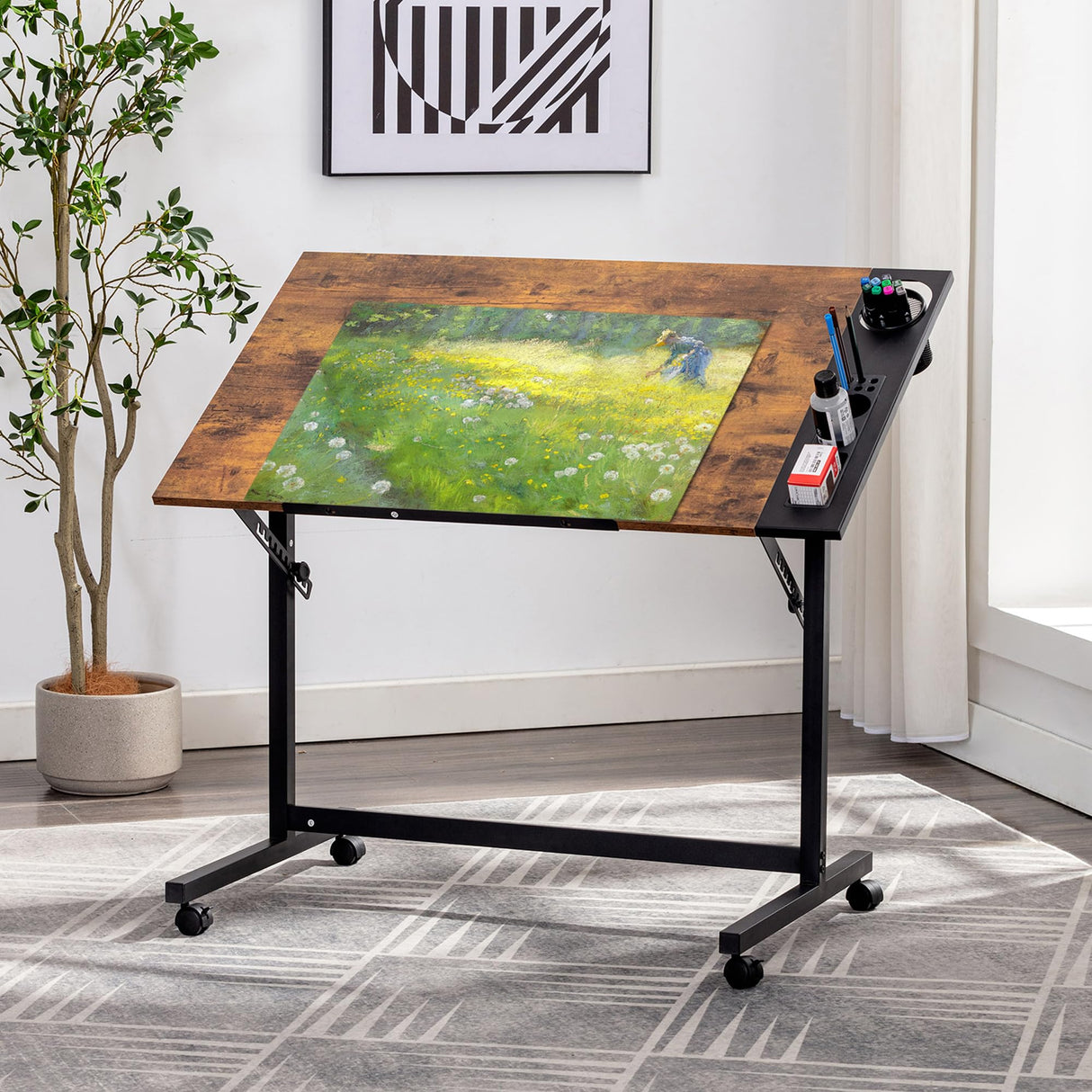 VECELO Vintage Drawing Drafting Table, Adjustable Tilting Top Art Desk Craft Work Station with Pencil Ledge, Lockable Slide Rolling Wheels for Painting Diamond Reading Writing Study, Rustic Brown VECELO
