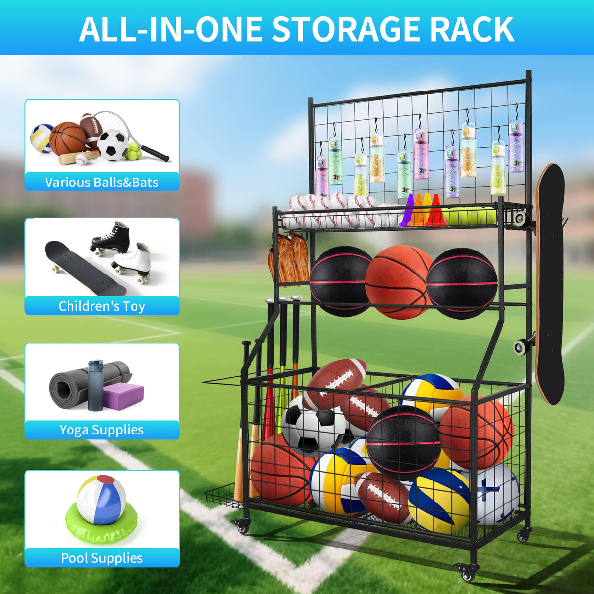 MUONM Sports Equipment Organizer,Garage Ball Storage Rack with Basketball Rack,Golf Bag Organizer Toy Sports Gear Storage with Hooks and Rolling Wheels Cart,Black MUONM
