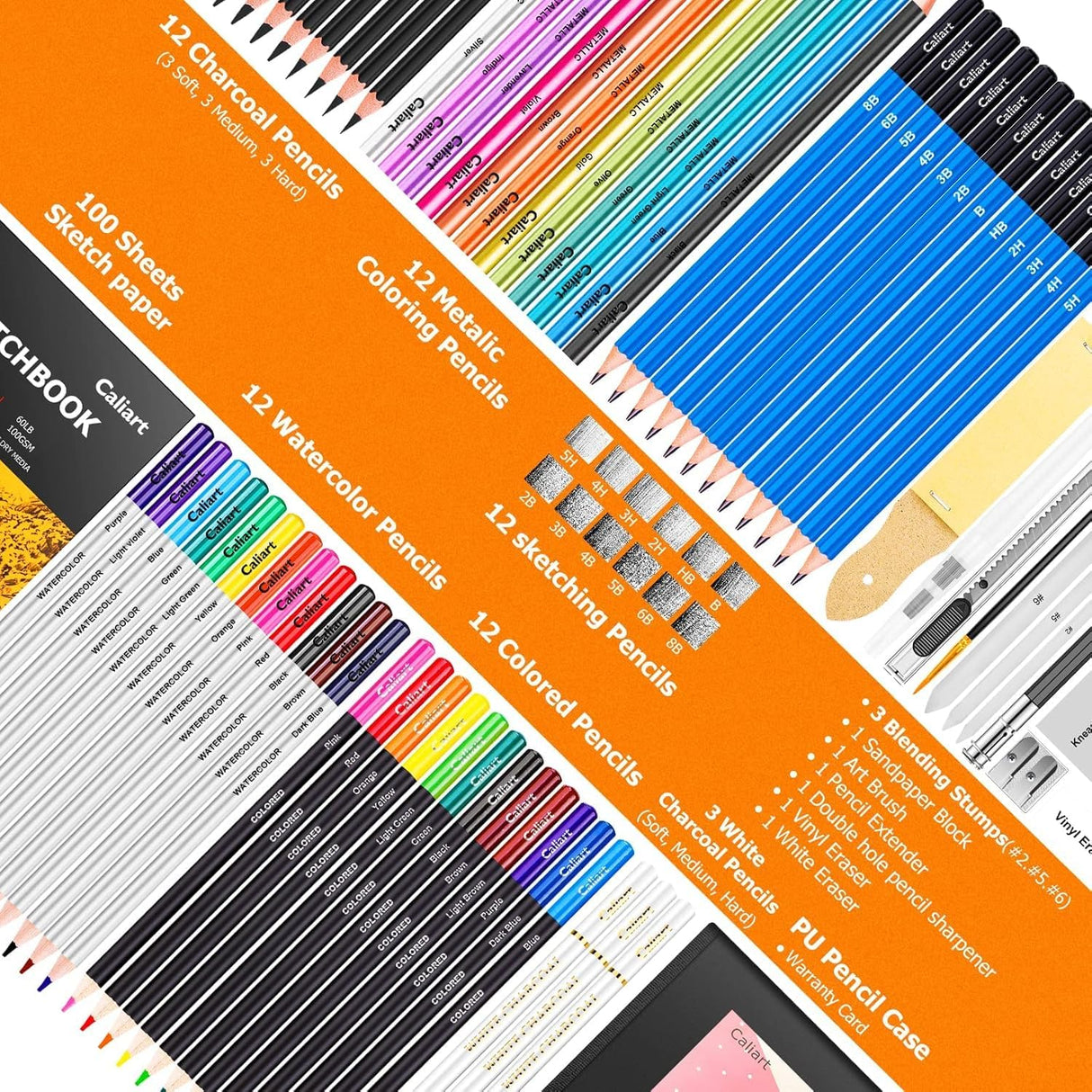 Caliart 176PCS Art Supplies Sketching Kit with 100 Sheets 3-Color Sketch Book, Graphite Colored Charcoal Watercolor & Metallic Pencils, Drawing Supplies Christmas Gifts for Artists Adults Beginners Caliart