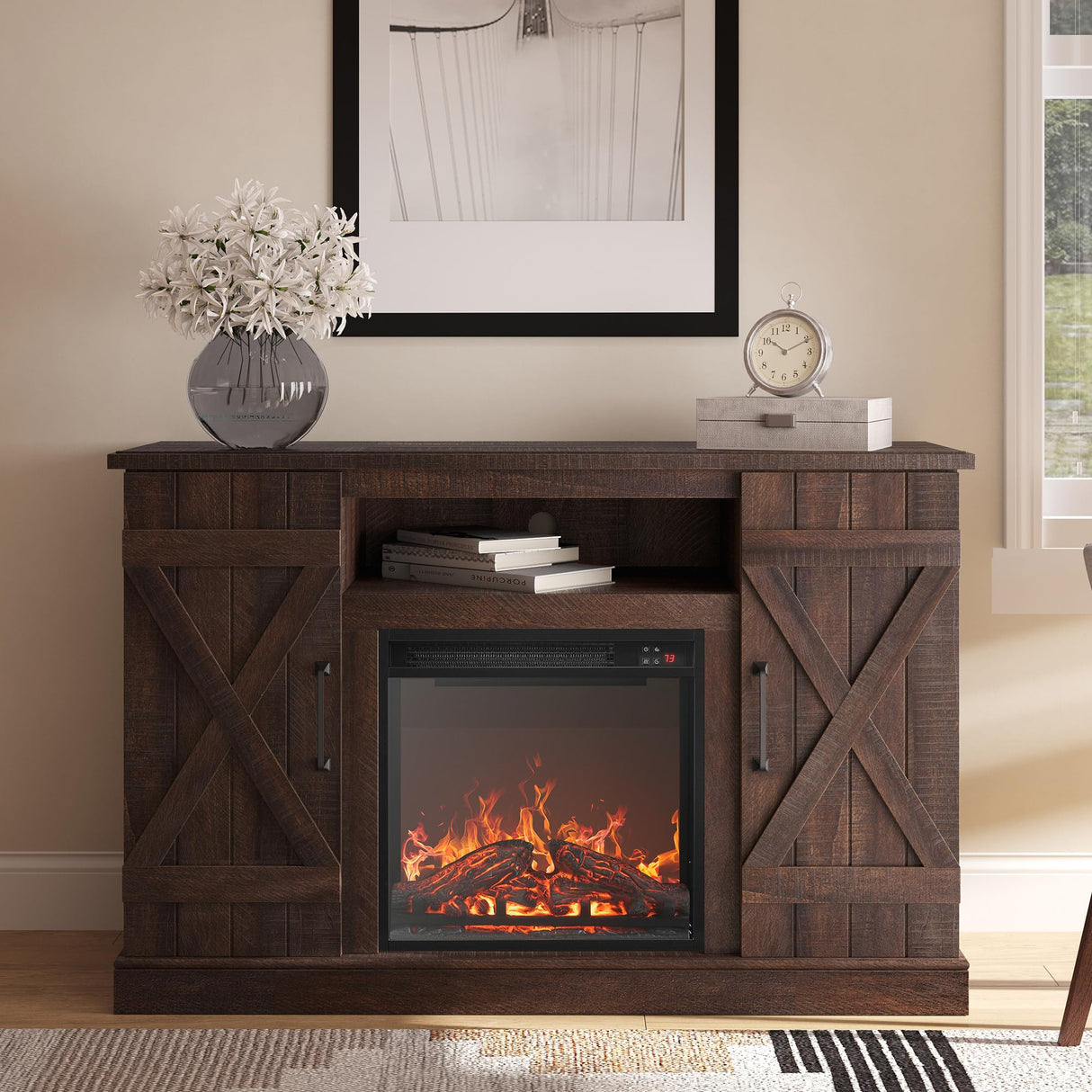 BELLEZE 47" TV Stand with 18" Electric Fireplace Heater & Media Entertainment Center Console Table for TV up to 50" with Open Storage Shelves & Cabinets - Veropeso (Espresso) BELLEZE