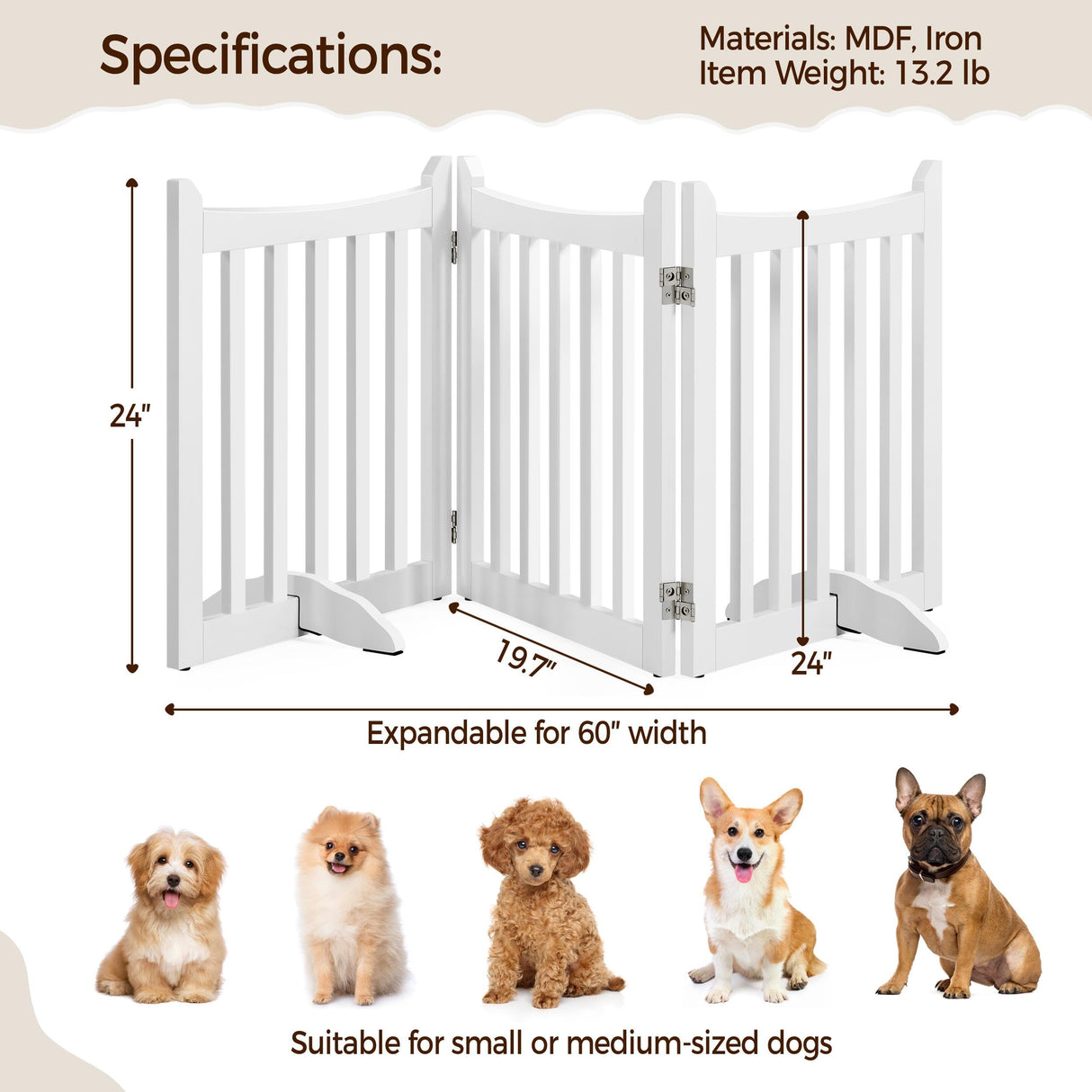 Yaheetech 24" H Freestanding Pet Gate for Dogs Wooden Dog Gates for Hallway, Doorway Collapsible Indoor Pet Fence with Support Feet Stair Barrier 3 Panels Fence White Yaheetech