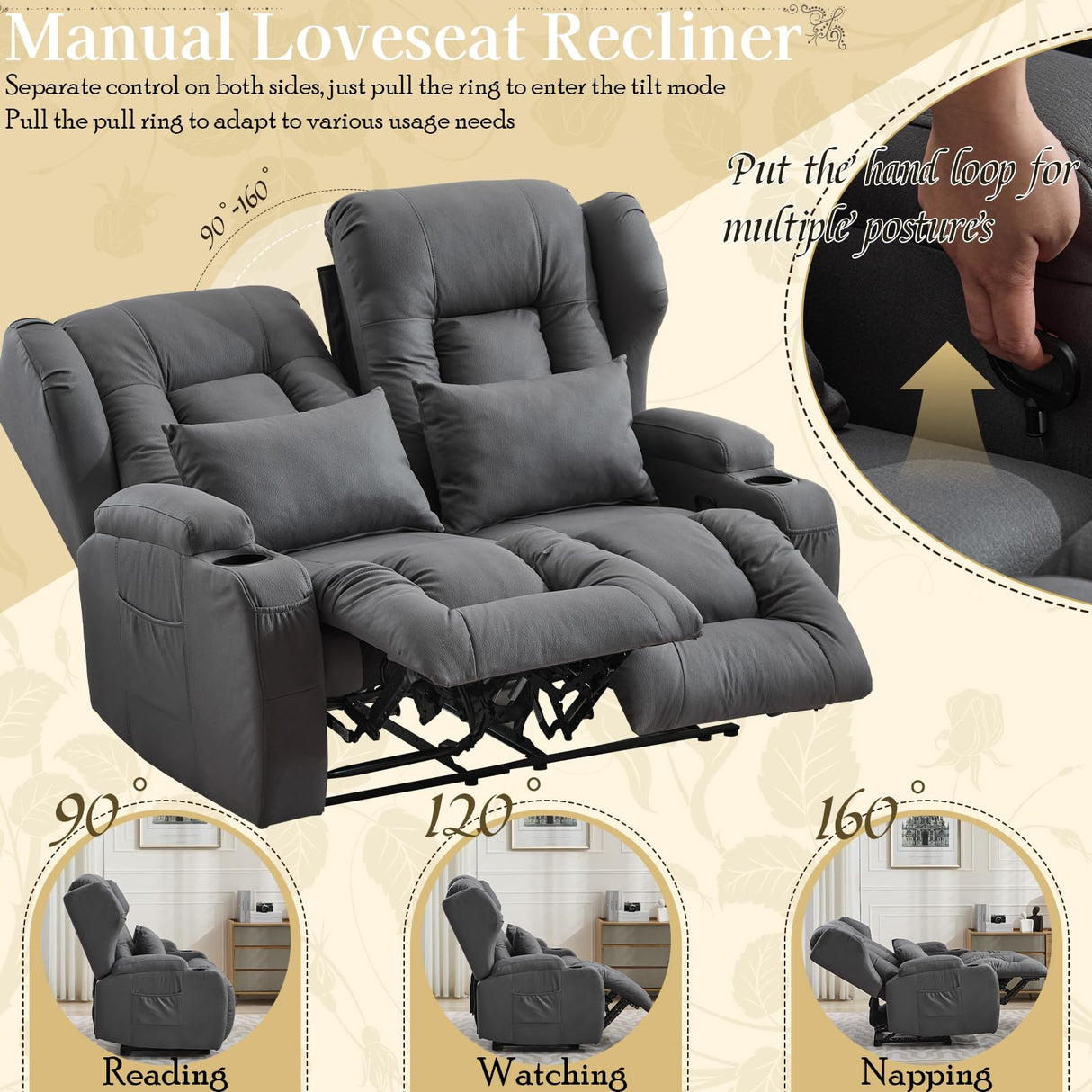 SAMERY 54.2" RV Loveseat Recliner Sofa, Manual Recliner Loveseat RV Sofa Home Theater Seating with Arm, Cup Holders and Side Pocket for Living Room/Office/Apartment SAMERY